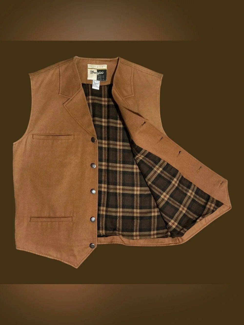 Vintage Wrangler Premium Quality Tan Plaid Lined Western Vest Large